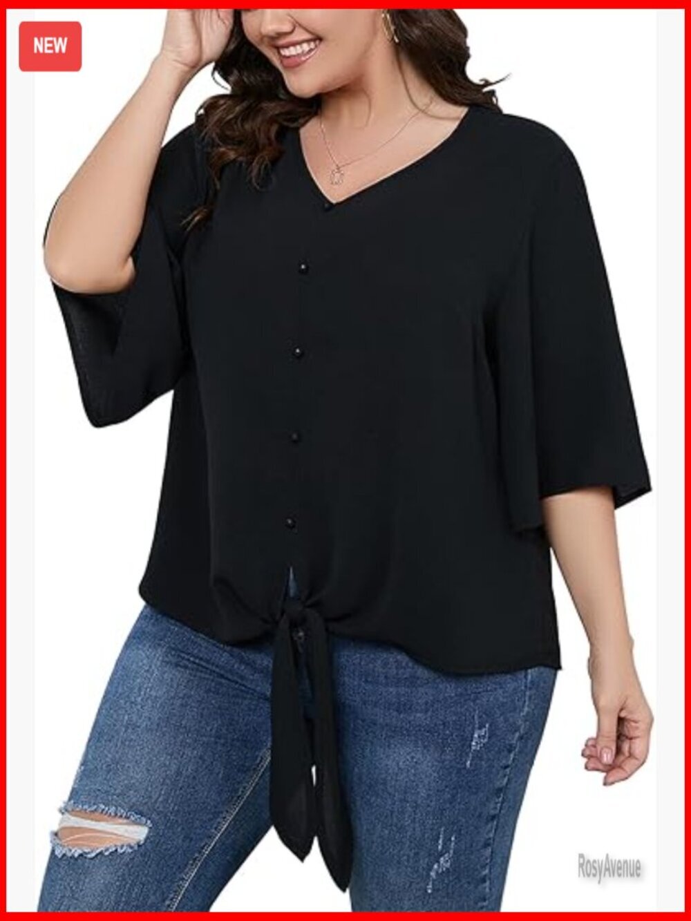 Plus Size V-Neck Blouse 3/4 Sleeve Tie Knot Button Down Tops